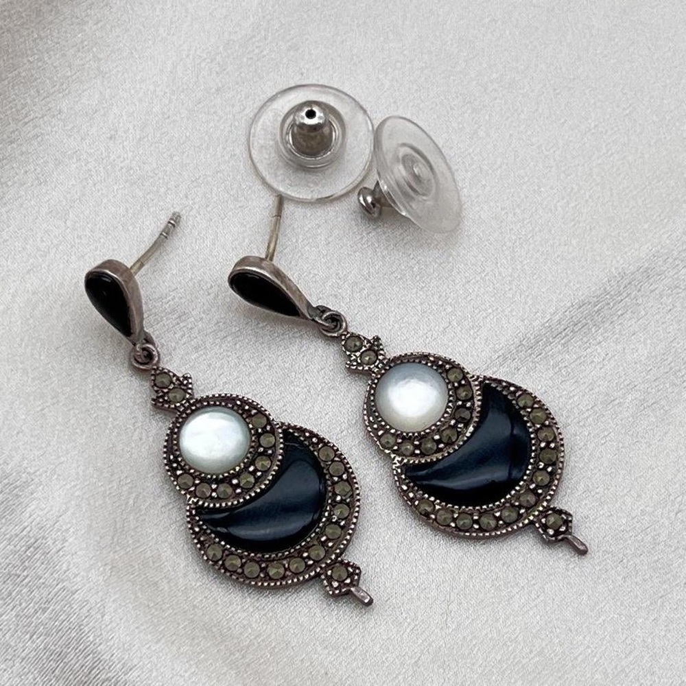 Vintage sterling silver marcasite dangle stud earrings